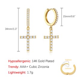 14K Gold Plated Cross Earrings for Women Men, CZ Cross Dangle Earrings Hypoallergenic Jewelry Gift
