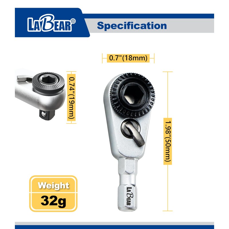LABEAR 2-in-1 Mini Ratchet Wrench Adapter, Magnetic 1/4" Hex Bit