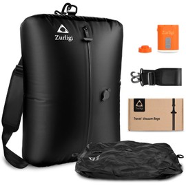 Zurligi Vacuum Bag for Travel with Pump, 40L Vacuum Compression Bag with Adjustable Shoulder Strap, IP67 Reusable Vacuum Packing Cubes for Luggage, Backpack, Suitcase, Yoga, Swim, Beach (1 PCS Black)