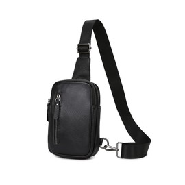 Whatna 4943 Cow Leather One-Shoulder Men's Body Crossbody Chest Bag, Shoulder Bag, 2 Compartments, Genuine Leather, Thick, Left/Right Interchangeable, Black E