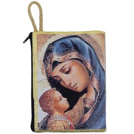Religious Pouch for Rosaries and Chaplets | Zipper Closure | Beautiful Mother and Child Artwork | Blue Cross on Back | Gold-Tone Thread | Great Gift for First Sacraments