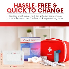 HEALQU Bordered Gauze Island Dressing - 50 Count, 2.4"x4" Sterile Individually Wrapped Gauze Pads with Water-Resistant, Non-Woven Backing - Soft and Breathable Wound Dressing for First Aid & Medical