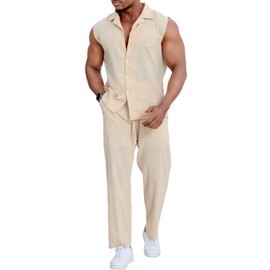 Epoleatries Mens Linen Sets 2 Piece Outfits Sleeveless Shirt and Pants Set Vacation Outfit for Men Summer Beach Suits Khaki M