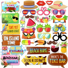 32pcs Hawaiian Luau Photo Booth Props,Tropical Themed Photo Booth Kit for Tiki Party Decorations,Beach Party Photo Props Selfie Props Summer Party Supplies