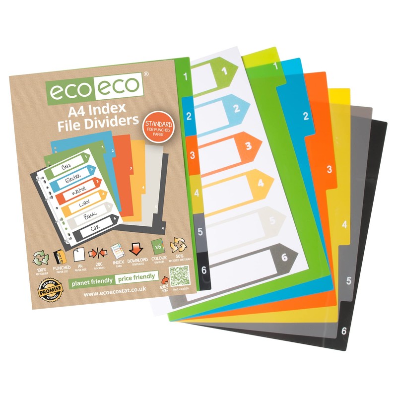 eco-eco A4 50% Recycled Multipunched Reinforced Colour Recycled Set 6