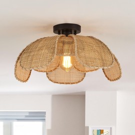 MhyTogn 22" Natural Rattan Flush Mount Ceiling Light Fixture， Hemp Rope Wicker Hand-Woven Boho Chandelier with Flower Lampshade for Porch Patio Hallway Bedroom Living Room Kitchen Island