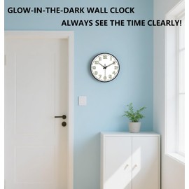 Mabpedo Glow in The Dark Wall Clock, 8" Silent Non-Ticking Wall Clocks Battery Operated, Large Easy Read Numbers Tempered Glass Night Light Analog Clock for Bedroom Living Room Kitchen Office, White