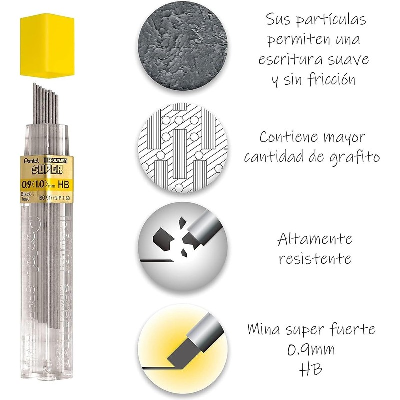 Super Hi-Polymer Lead Refills, 0.9mm, HB, Black, 15 Leads/Pack -