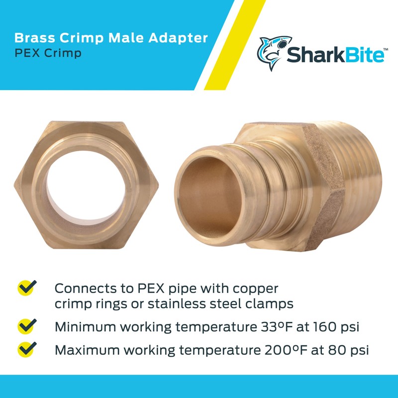 SharkBite 3/4 x 1/2 Inch Crimp MNPT Male Adapter, Brass