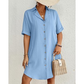 Bsubseach Button Down Beach Cover Ups for Women Bikini Swimsuit Coverup Shirt Dress Casual Vacation Outfits Sky Blue M