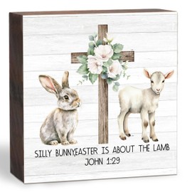 Christian Desk Decor Easter Bunny Wooden Sign Rustic Wooden Sign Bunny Table Decor Bedroom Farmhouse Home Desk Tabletop Shelf Decoration Gifts for Friends Kids-5 x 5 inch-B08