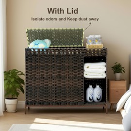 Gitelsnour Laundry Hamper with Lid, 130L Rattan Laundry Hamper 3 Section with 3-Tier Storage Shelf (50L), Wicker Woven Laundry Sorter Basket with 4 Removable Liner Bags and Handles, Brown GLH003BR
