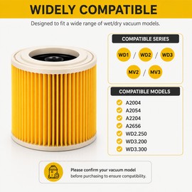 2 Pcs Replacement Cartridge Filter for Wet/Dry Vacuum – Pleated Design for Compatible WD1 WD2 WD3 MV2 MV3 Models