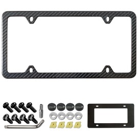 Aootf Carbon Fiber License Plate Frame- 100% Real Carbon Cloth Wrapped Stainless Steel Car Tag Cover, 1 Pack Black Holder with Anti Theft Screws Caps, Slim Edge 4 Hole