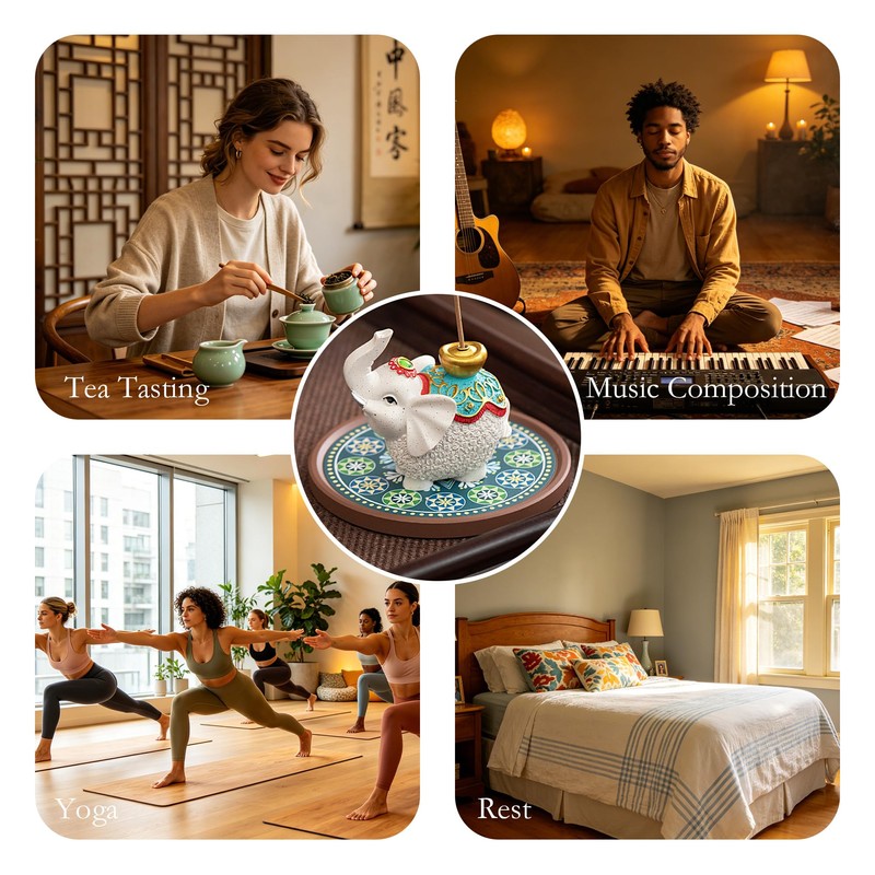 Cute Resin Elephant Incense Holder with Ceramic Tray for Meditation