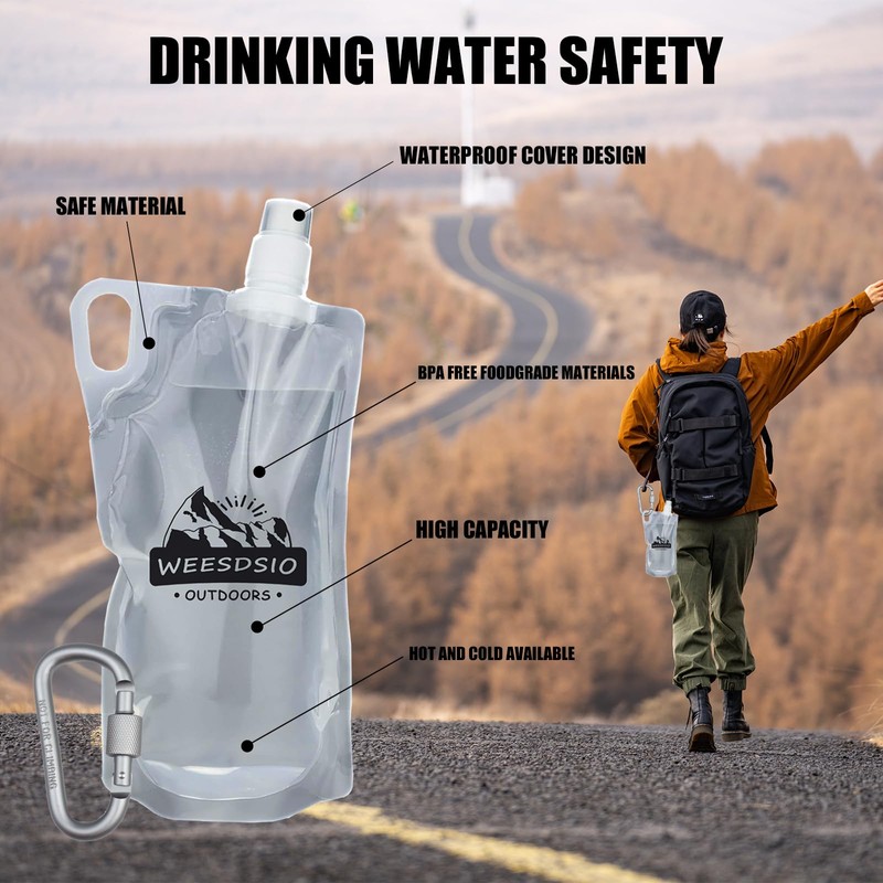 Weesdsio 5-Pack 1L Hiking Collapsible Water Bottles with Mountaineering Buckle