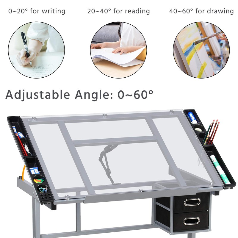 Yaheetech Drawing Desk Adjustable Glass Drafting Study Table for Diamond/Versatile