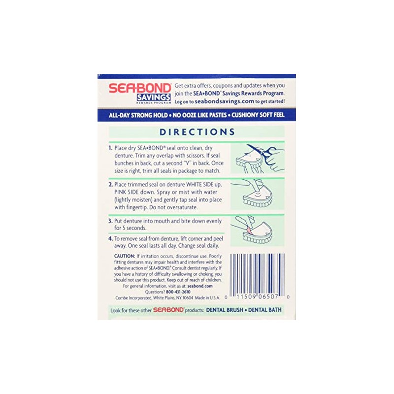 SEA-BOND Denture Adhesive Seals Uppers Fresh Mint, 30 Each (Pack