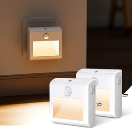 Pack of 2 Night Light Sockets, LED Night Light with Motion Sensor and Twilight Sensor, Brightness Dimmable, Auto/On/Off Modes, Warm White Socket Light for Hallway, Stairs, Bedroom, Aisle, Kitchen