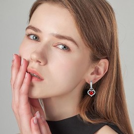Jrêveinfini Heart Earrings Silver 925 Hoop Earrings Hanging Heart Shape Earrings Hypoallergenic Red Hanging Christmas Gifts for Women Mum for Mother's Day, Sterling Silver, Cubic Zirconia