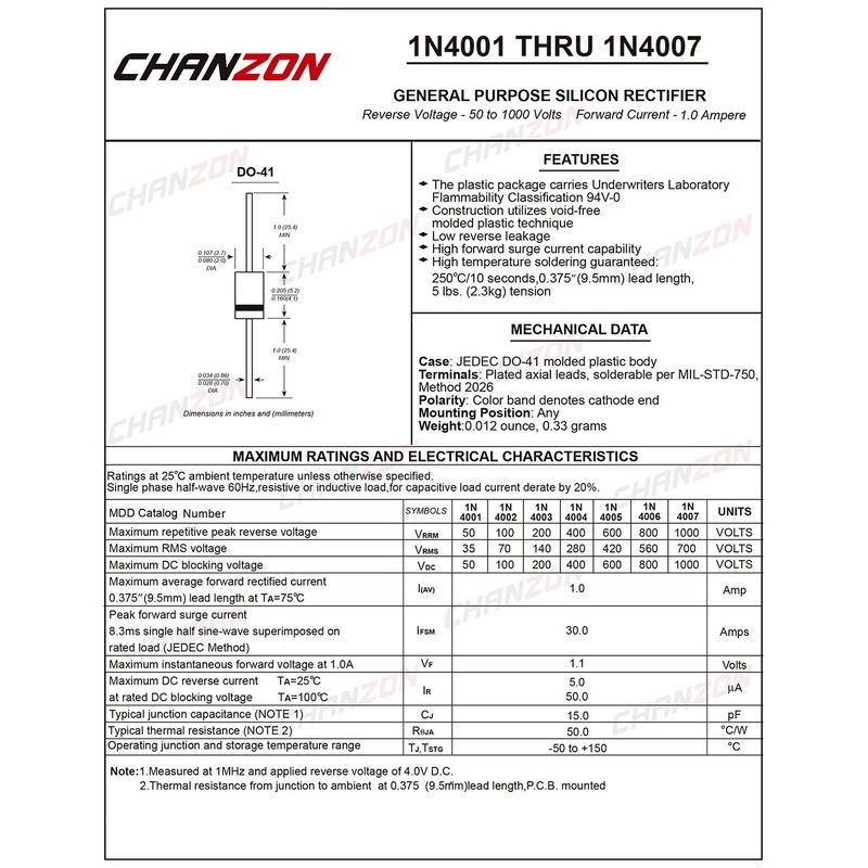 (Pack of 100 Pieces) Chanzon 1N4001 Rectifier Diode 1A 50V