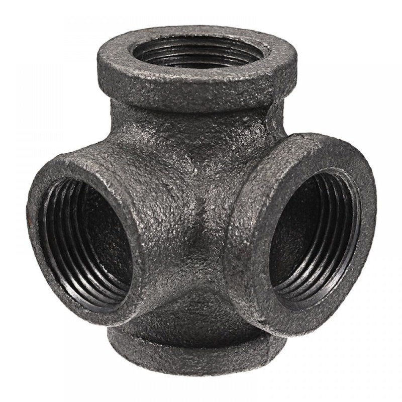 4 Way Pipe Fitting Malleable Iron Black Side Outlet Tee