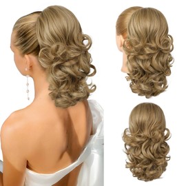 Flufymooz Ponytail Extension, 14 Inch Short Drawstring Ponytail Hair Extension for Women, Soft Synthetic Pony Tails Hairpiece for Women (Deep Blonde with Highlight)