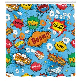 Ambesonne Superhéroe Cortina de Baño, Cómic Efectos de Colores, Paño Conjunto de Decoración de Baño de Tela y Ganchos, 84" Extra Alta, Multicolor