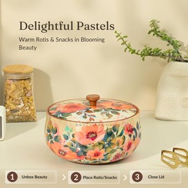 Brick Brown Handcrafted Enamel Coated Wooden Pastel Flora Roti Box | Chapati Box for Kitchen | Hot Pot Casserole for Server Tableware Serving | Case Dabba With Lid (8.5 8.5 5.5 Inch)