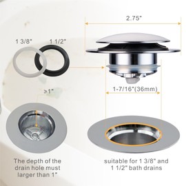 Chrome Bathtub Stopper Bath Tub Drain Stoppers,Wellup Universal Pop Up Tub Drain Stopper Replacement Tip Toe, Lift and Turn for Bathtub,EZ Bath tub Plug Stopper (Chrome Plated)