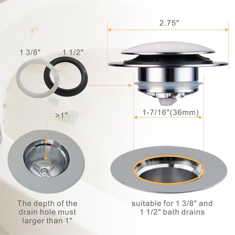 Chrome Bathtub Stopper Bath Tub Drain Stoppers,Wellup Universal Pop Up