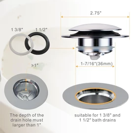 Chrome Bathtub Stopper Bath Tub Drain Stoppers,Wellup Universal Pop Up Tub Drain Stopper Replacement Tip Toe, Lift and Turn for Bathtub,EZ Bath tub Plug Stopper (Chrome Plated)