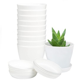 TDHDIKE 10 Pcs Plastic Planters Indoor Flower Plant Pots, Mini Flower Seedlings Nursery Pot/Planter/Flower Pot with Pallet, Modern Decorative Gardening Containers (White)
