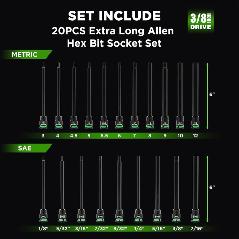 3/8" Drive Long Impact Hex Bit Socket Set, Allen Bit