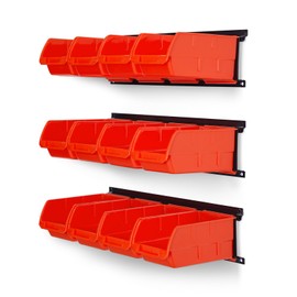 Ultrawall Wall Mounted Storage Bins, Plastic Hanging Storage Organizer Bins, Garage Tool Storage System for Screws, Nuts, Bolts, Nails, and Small Hardware Parts, 12x bins & 3 x rails, Orange
