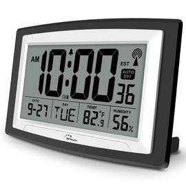 WallarGe Atomic Clock with Indoor Temperature and Humidity, 12.5 Inch Self-Setting Digital Wall Clock or Desk Clock, Battery Operated Digital Clock Large Display for Seniors, Auto DST