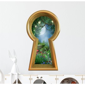 Enchanted Lantern Forest - 3D Keyhole Fabric Wall Decal - Fantasy 3D Window Portal - Peel & Stick Wall Sticker - Removable & Repositionable (Gold, 16" Tall x 9" Wide)