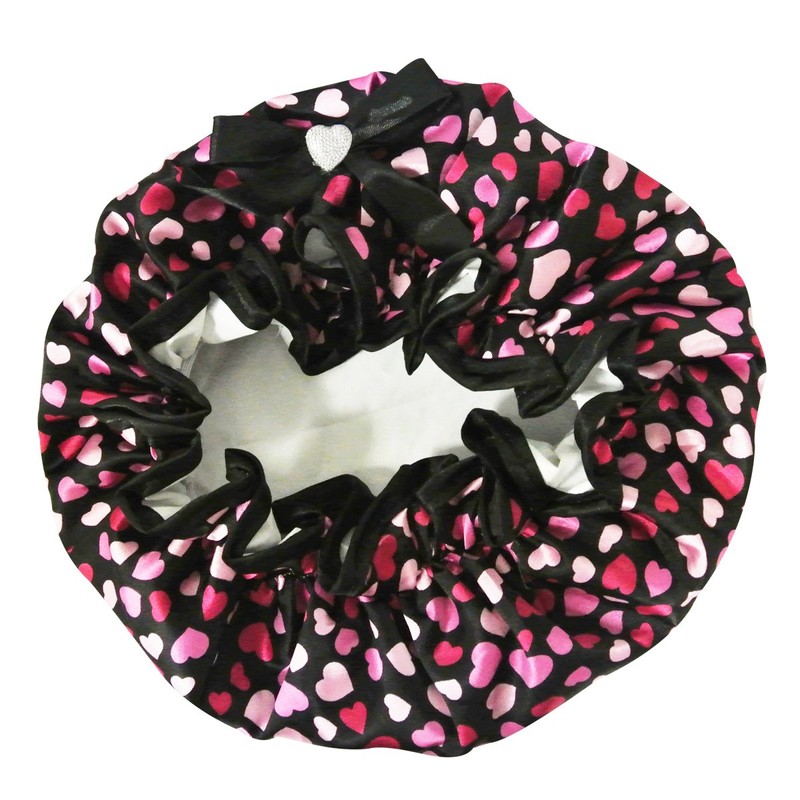 Kella Milla Stylish Satin Shower Cap - Hearts & Black
