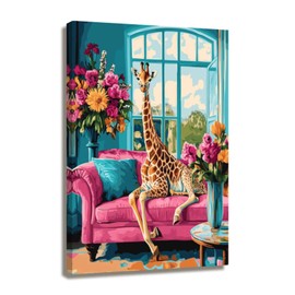 XLMDYYSW Colorful Animal Wall Art Cat Peacock Giraffe Canvas Picture Bathroom Retro Painting Flower Background Prints for Living Room Wall Decor Framed (Yellow, 12.00" x 18.00")