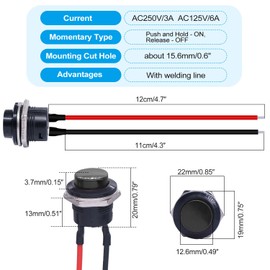 Twidec/6Pcs Momentary Push Button Switch SPST AC250V/3A AC125V/6A Mini Off(ON) ON Black with Pre-soldered Wires R13-507BK-X