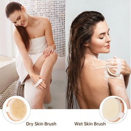 2 PCS Bamboo Dry Body Brushes, Shower Brush Wet and Dry Brushing, Body Scrubber with Soft and Stiff Bristles,Dry Brush for Cellulite and Lymphatic, Suitable for All Kinds of Skin