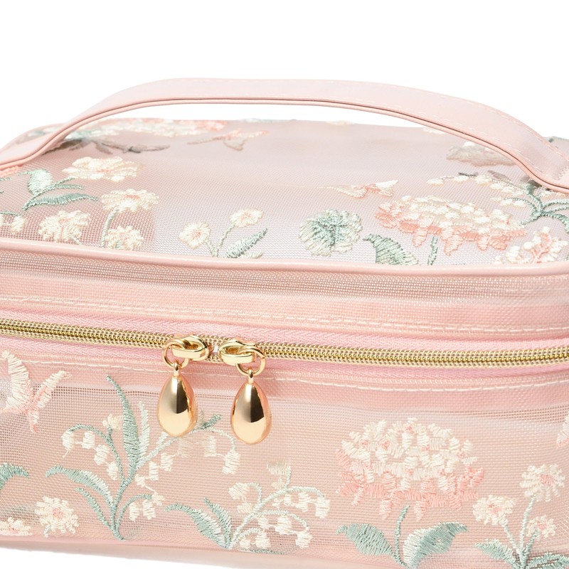 Francfranc Mesh Embroidery Vanity Pouch, Small, Pink