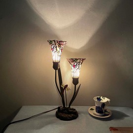 Bieye L10620 Lily Flowers and Dragonfly Tiffany Style Stained Glass Accent Table Lamp, 19-inch Tall