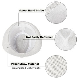 Straw Fedora Hat for Men Women Short Brim Panama Trilby Hat Sun Summer Beach Hat with Belt Buckle, White, Large