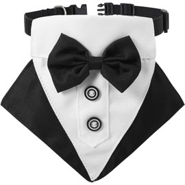 Formal Tuxedo Bandana Wedding Collar With Bow Tie and Neck Tie Designs - Adjustable Black Dog Bowtie Neckerchief (Black, S)