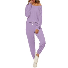 FIOPHY Cozy 2 Piece Lounge Sets for Women Sweatsuit Pajamas Outfits Long Sleeve Tops and Joggers Loungewear Set Light Purple M