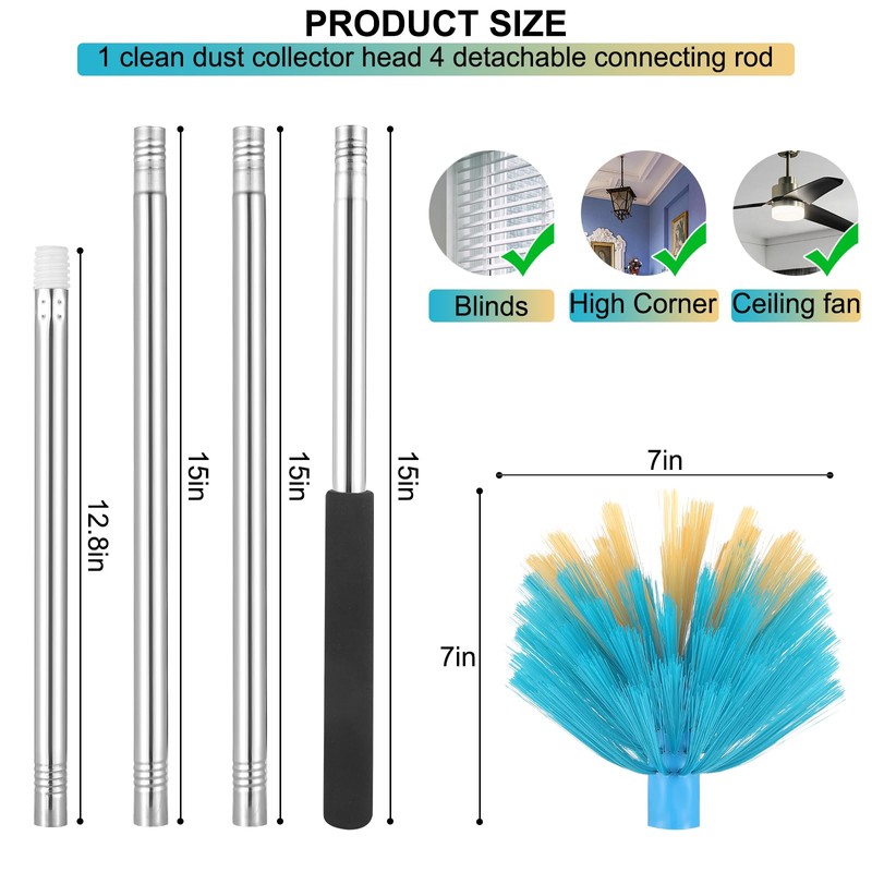 Cobweb Duster with Extension Pole，Medium Stiff Bristles Cobweb Duster Head