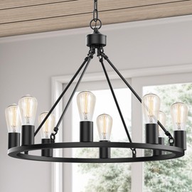 L LOHAS LED Black Farmhouse Chandeliers for Dining Room, 8-Light Wagon Wheel Chandelier Over Table, Height Adjustable, 24" Dining Room Light Fixtures, Modern Chandelier for Kitchen Island Living Room