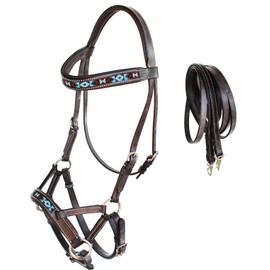 CHALLENGER Horse Western Padded Leather Beaded Bitless Sidepull Bridle 77RT17BR-F