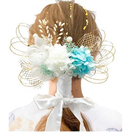 JZOON S2414 Hair Ornament, Coming-of-Age Ceremony, Graduation Ceremony, Kimono, Hakama, Kimono, Kimono, Long Sleeves, Dried Flowers, Preserved Flowers, Bride, blue